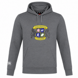 The Winchester Cannons Club Lightweight Hoodie by Canterbury features a colorful "Winchester Cannons" crest on the front and a white WRS Canterbury logo on the left sleeve. Lightweight and grey, it combines style with comfort.