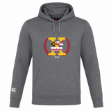 The Potomac Exiles Rugby Club Lightweight Hoodie by Canterbury, from WRS Canterbury, is a gray hooded sweatshirt featuring a vibrant emblem with state flags, a laurel wreath motif, and "2014" on the front. Inspired by classic Canterbury Club style, this lightweight hoodie delivers comfort and versatility for any casual occasion.