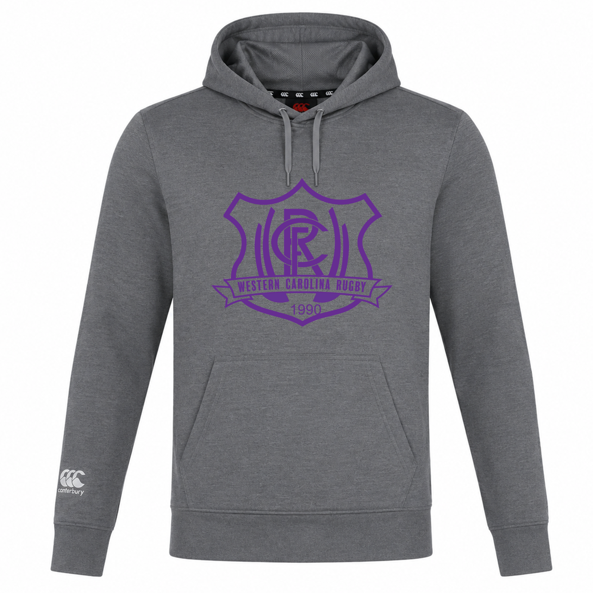 Grey Western Carolina University Club Lightweight Hoodie by Canterbury featuring a purple “Western Carolina Rugby 1990” logo on the chest and a small logo on the right cuff.