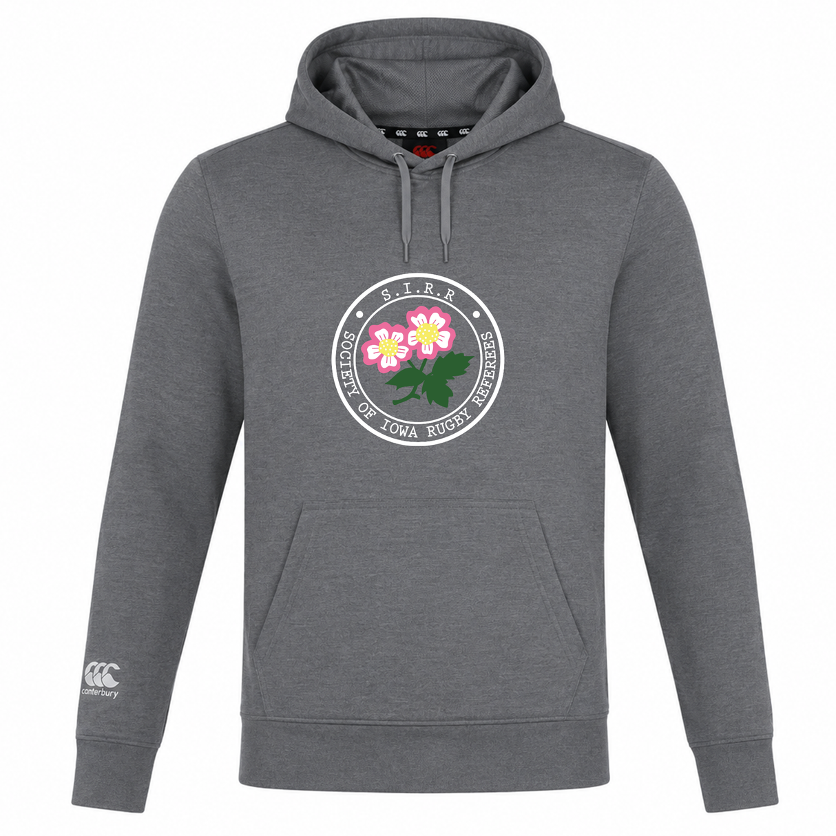 Introducing the Society of Iowa Rugby Referees Club Lightweight Hoodie by Canterbury—a gray, lightweight sweatshirt from WRS Canterbury. Featuring a circular “Society of Iowa Rugby Referees” logo with pink flowers on the chest and a white Canterbury Club logo on the left sleeve, this custom-made hoodie expertly combines comfort and style for rugby enthusiasts.