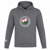 Introducing the Society of Iowa Rugby Referees Club Lightweight Hoodie by Canterbury—a gray, lightweight sweatshirt from WRS Canterbury. Featuring a circular “Society of Iowa Rugby Referees” logo with pink flowers on the chest and a white Canterbury Club logo on the left sleeve, this custom-made hoodie expertly combines comfort and style for rugby enthusiasts.