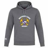 Lightweight grey Mother Lode Club Lightweight Hoodie by Canterbury featuring a front kangaroo pocket and a chest graphic of two crossed pickaxes behind a rugby ball with the text “MOTHER LODE RUGBY”.
