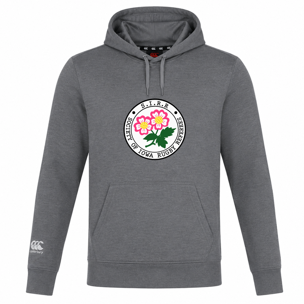 Custom designed for comfort and style, the Society of Iowa Rugby Referees Club Lightweight Hoodie by Canterbury features a front logo with pink flowers, green leaves, and the text “S.I.R.F. University of Iowa Rugby Feminisms” in a circular layout. Perfect for any WRS Canterbury fan eager to display their team spirit with a distinctive flair.