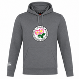 Custom designed for comfort and style, the Society of Iowa Rugby Referees Club Lightweight Hoodie by Canterbury features a front logo with pink flowers, green leaves, and the text “S.I.R.F. University of Iowa Rugby Feminisms” in a circular layout. Perfect for any WRS Canterbury fan eager to display their team spirit with a distinctive flair.
