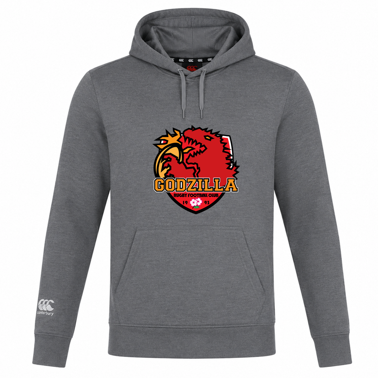 The Godzilla Rugby Football Club Club Lightweight Hoodie by Canterbury from WRS Canterbury is a lightweight grey hoodie adorned with the Godzilla Rugby Football Club logo on the chest and the Canterbury logo on the right sleeve, perfect for fans of classic Canterbury Club style.