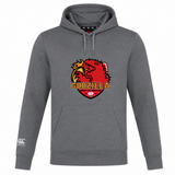 The Godzilla Rugby Football Club Club Lightweight Hoodie by Canterbury from WRS Canterbury is a lightweight grey hoodie adorned with the Godzilla Rugby Football Club logo on the chest and the Canterbury logo on the right sleeve, perfect for fans of classic Canterbury Club style.