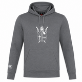 Lightweight gray Cal Lutheran University Club Lightweight Hoodie by Canterbury featuring a white printed crest with a helmet, crossed swords, a cross, and the year 1968 on the chest.