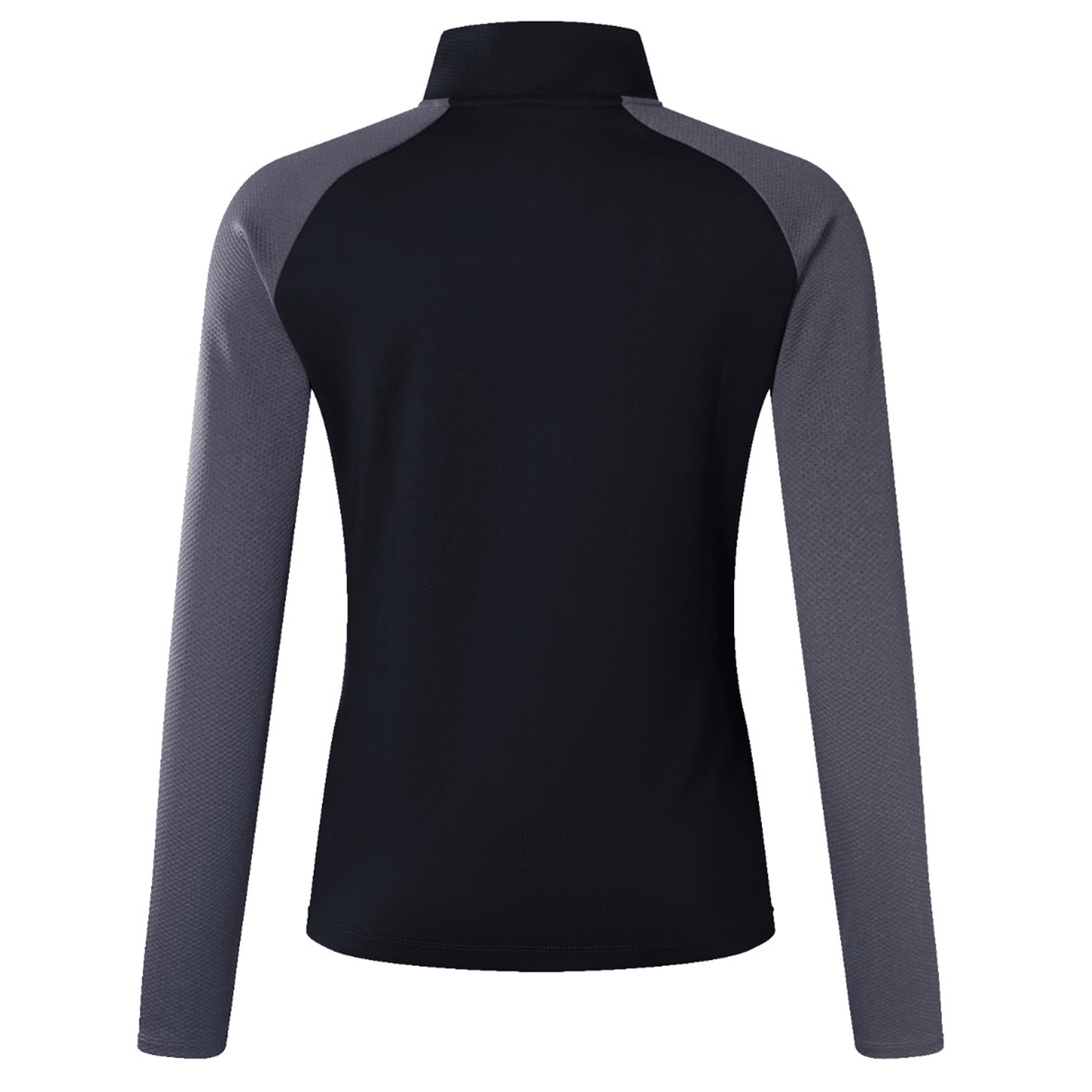Back view of the Women's Canterbury Elite First Layer long-sleeve shirt, showcasing a black body with gray sleeves, made from innovative honeycomb fabric by Canterbury for enhanced breathability.