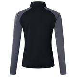 Back view of the Women's Canterbury Elite First Layer long-sleeve shirt, showcasing a black body with gray sleeves, made from innovative honeycomb fabric by Canterbury for enhanced breathability.