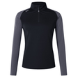 The Women's Canterbury Elite First Layer is a honeycomb fabric pullover featuring gray long sleeves, a black body, and a quarter-zip neckline.