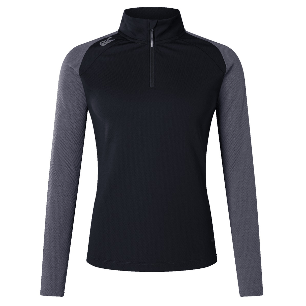 The Women's Canterbury Elite First Layer is a honeycomb fabric pullover featuring gray long sleeves, a black body, and a quarter-zip neckline.