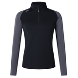 The Women's Canterbury Elite First Layer is a honeycomb fabric pullover featuring gray long sleeves, a black body, and a quarter-zip neckline.