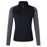 The Women's Canterbury Elite First Layer is a honeycomb fabric pullover featuring gray long sleeves, a black body, and a quarter-zip neckline.