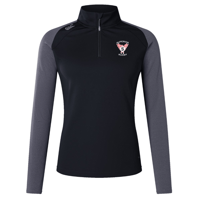 The Superior Rugby Club Women's Elite First Layer by EMB Canterbury is a black and gray long-sleeve quarter-zip pullover with VapoDri tech, featuring the "Superior Rugby" logo on the left chest and a small logo on the right shoulder.