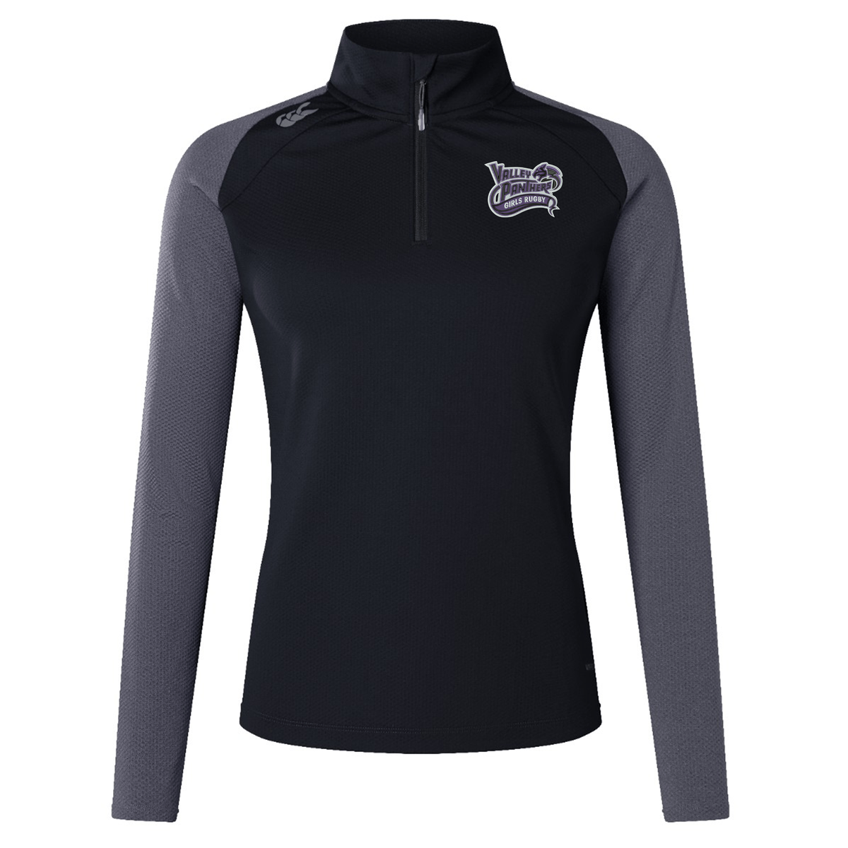 The Valley Panthers Girls Rugby Women’s Elite First Layer by Canterbury, from EMB Canterbury, is a long-sleeve black and gray quarter-zip sports top featuring the “Valley Panthers” logo on the left chest and a small white EMB Canterbury logo on the right shoulder. Designed for women as an elite first layer, this top incorporates VapoDri technology for advanced moisture wicking to keep you dry and comfortable during any activity.