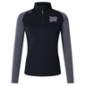 The Valley Panthers Girls Rugby Women’s Elite First Layer by Canterbury, from EMB Canterbury, is a long-sleeve black and gray quarter-zip sports top featuring the “Valley Panthers” logo on the left chest and a small white EMB Canterbury logo on the right shoulder. Designed for women as an elite first layer, this top incorporates VapoDri technology for advanced moisture wicking to keep you dry and comfortable during any activity.