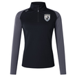 The South Orange County Raptors Women’s Elite First Layer by EMB Canterbury is a black and gray long-sleeve athletic top featuring a quarter-zip design and an embroidered bird crest on the left chest. Crafted with VapoDri technology for superior moisture-wicking performance, this women’s first layer by Canterbury is displayed against a plain white background.