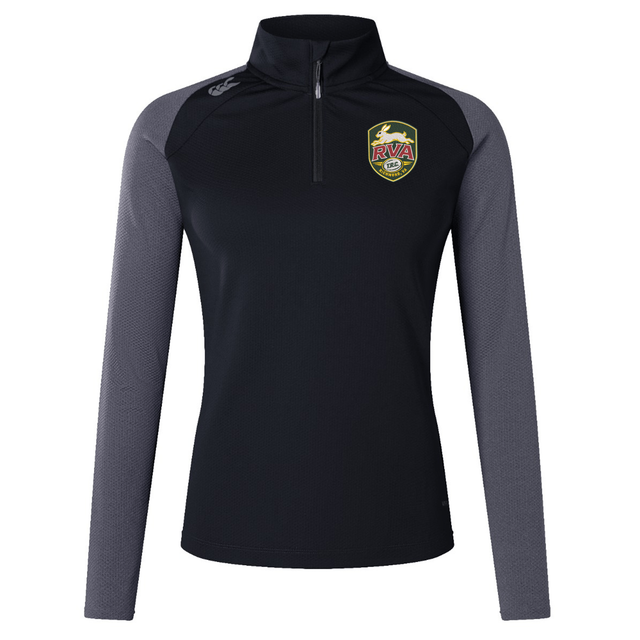 The RVA T.R.C. Women’s Elite First Layer by EMB Canterbury is a black and gray long sleeve quarter-zip athletic pullover, featuring an RVA rugby crest on the left chest. Designed as a women’s elite first layer, it incorporates advanced VapoDri moisture wicking technology from Canterbury to keep you cool and comfortable during training.