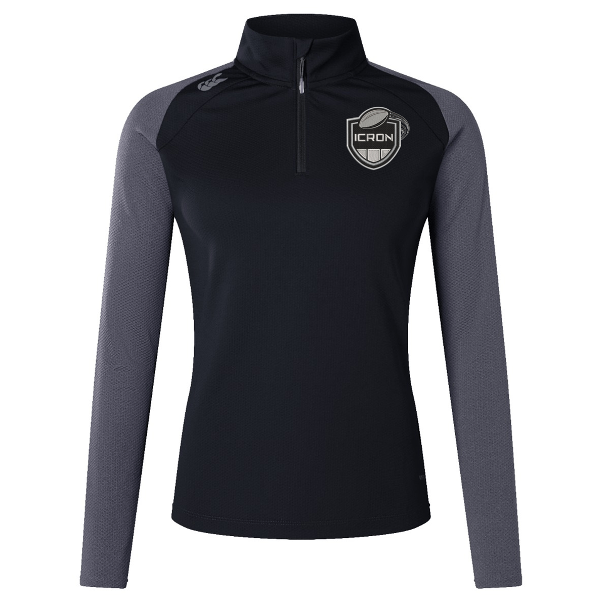 ICRON Women’s Elite First Layer by Canterbury in black with grey long sleeves, a quarter-zip, and an “ICRON” rugby ball logo on the chest.