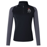 The EMB Canterbury Birmingham Iron Women's Elite First Layer is a black and grey long-sleeve pullover with a quarter-zip, "IRON" logo with red rooster on the left chest, featuring VapoDri moisture-wicking technology for comfort.