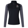 The EMB Canterbury Birmingham Iron Women's Elite First Layer is a black and grey long-sleeve pullover with a quarter-zip, "IRON" logo with red rooster on the left chest, featuring VapoDri moisture-wicking technology for comfort.