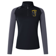 The EMB Canterbury Spartan Youth Rugby Women's Elite First Layer is a black and gray long-sleeve pullover for women with a quarter zip, VapoDri moisture-wicking tech, and a yellow Spartan logo on the left chest.