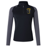 The EMB Canterbury Spartan Youth Rugby Women's Elite First Layer is a black and gray long-sleeve pullover for women with a quarter zip, VapoDri moisture-wicking tech, and a yellow Spartan logo on the left chest.