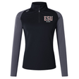 The EMB Canterbury East Stroudsburg University Women's Elite First Layer is a black and gray long-sleeve quarter-zip top with "ESU Rugby" on the chest, a white shoulder logo, and moisture-wicking VapoDri technology for comfort.