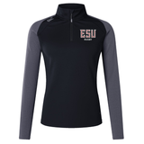 The EMB Canterbury East Stroudsburg University Women's Elite First Layer is a black and gray long-sleeve quarter-zip top with "ESU Rugby" on the chest, a white shoulder logo, and moisture-wicking VapoDri technology for comfort.