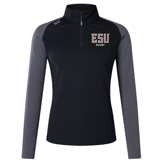 The EMB Canterbury East Stroudsburg University Women's Elite First Layer is a black and gray long-sleeve quarter-zip top with "ESU Rugby" on the chest, a white shoulder logo, and moisture-wicking VapoDri technology for comfort.