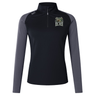 Introducing the Lewis County Elks Women’s Elite First Layer by Canterbury—a black and gray long-sleeve quarter-zip pullover featuring the “ELKS” logo and antlers graphic on the left chest. Made by EMB Canterbury with advanced VapoDri technology, this top ensures superior moisture wicking to keep you comfortable and dry all day.