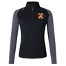Potomac Exiles Rugby Club Women's Elite First Layer by Canterbury: This long-sleeve black and gray athletic pullover from EMB Canterbury features a quarter-zip collar and an embroidered crest with a stylized "H" and the year 2014 on the left chest. Designed as a performance training base layer, it incorporates VapoDri technology to keep you cool and comfortable throughout every workout.