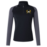 Black and grey Mother Lode Women’s Elite First Layer by Canterbury training top with a quarter-zip, long sleeves, and a Mother Lode Rugby logo on the chest.