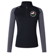 Introducing the Society of Iowa Rugby Referees Women’s Elite First Layer by Canterbury, an athletic long-sleeve quarter-zip top in black and gray. Crafted by EMB Canterbury, this top features a stylish flower emblem on the chest and a logo on the right shoulder. Designed specifically for women as an elite first layer, it incorporates advanced VapoDri technology to deliver superior moisture wicking, keeping you dry and comfortable throughout your workout.