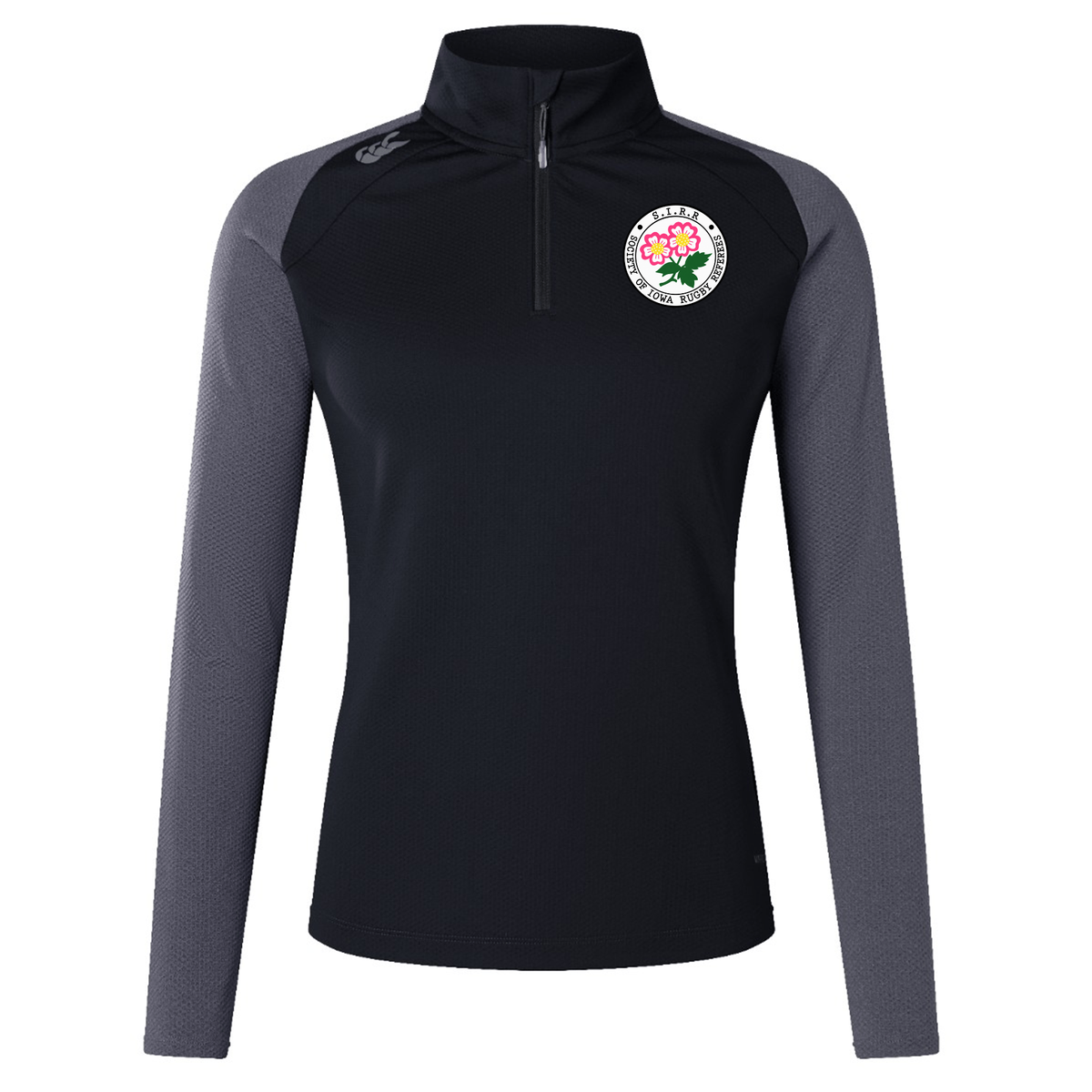 Here is a rewrite of the sentence using the provided product data: The Society of Iowa Rugby Referees Women’s Elite First Layer by EMB Canterbury is a long-sleeve black and gray zip-up athletic top designed specifically for women, featuring advanced VapoDri moisture-wicking technology. It is finished with a round floral logo on the left chest and a small EMB Canterbury logo on the right shoulder.