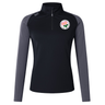 Here is a rewrite of the sentence using the provided product data: The Society of Iowa Rugby Referees Women’s Elite First Layer by EMB Canterbury is a long-sleeve black and gray zip-up athletic top designed specifically for women, featuring advanced VapoDri moisture-wicking technology. It is finished with a round floral logo on the left chest and a small EMB Canterbury logo on the right shoulder.