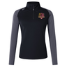 The Godzilla Rugby Football Club Women’s Elite First Layer by Canterbury is a long-sleeve quarter-zip athletic top in black and gray, featuring superior VapoDri moisture-wicking technology. It displays the EMB Canterbury lion logo and “GORILLA” text on the left chest with a small logo on the right shoulder, making it the ideal performance layer for active women.