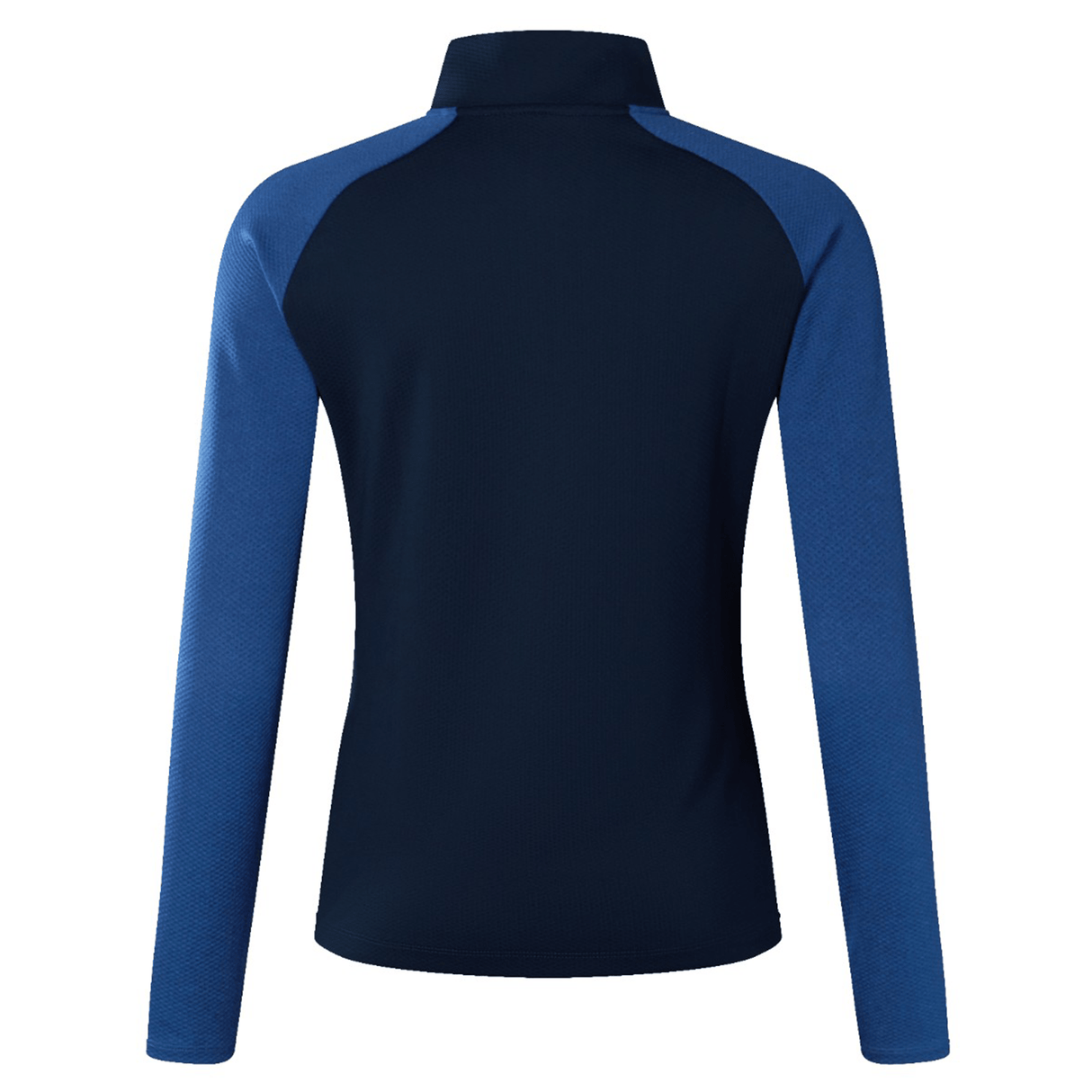 The Women's Canterbury Elite First Layer is a long-sleeve athletic top by Canterbury, featuring VapoDri technology with a navy blue body, lighter blue sleeves, and shown from the back.