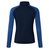 The Women's Canterbury Elite First Layer is a long-sleeve athletic top by Canterbury, featuring VapoDri technology with a navy blue body, lighter blue sleeves, and shown from the back.