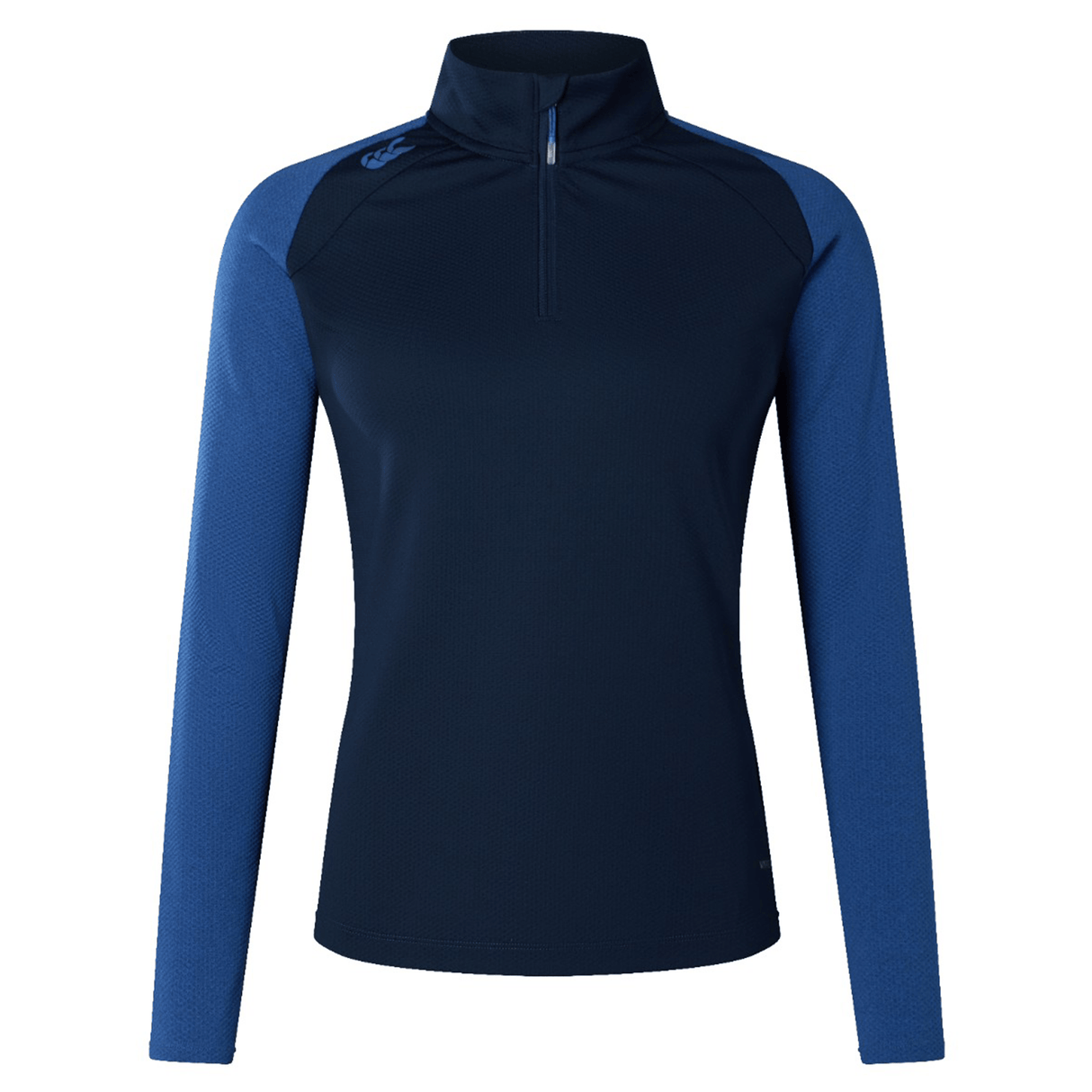 The Women's Canterbury Elite First Layer sports top has long sleeves, navy and blue tones, a quarter zip, and a subtle shoulder logo. Made with VapoDri technology, it ensures comfort during intense workouts.
