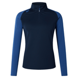 The Women's Canterbury Elite First Layer sports top has long sleeves, navy and blue tones, a quarter zip, and a subtle shoulder logo. Made with VapoDri technology, it ensures comfort during intense workouts.