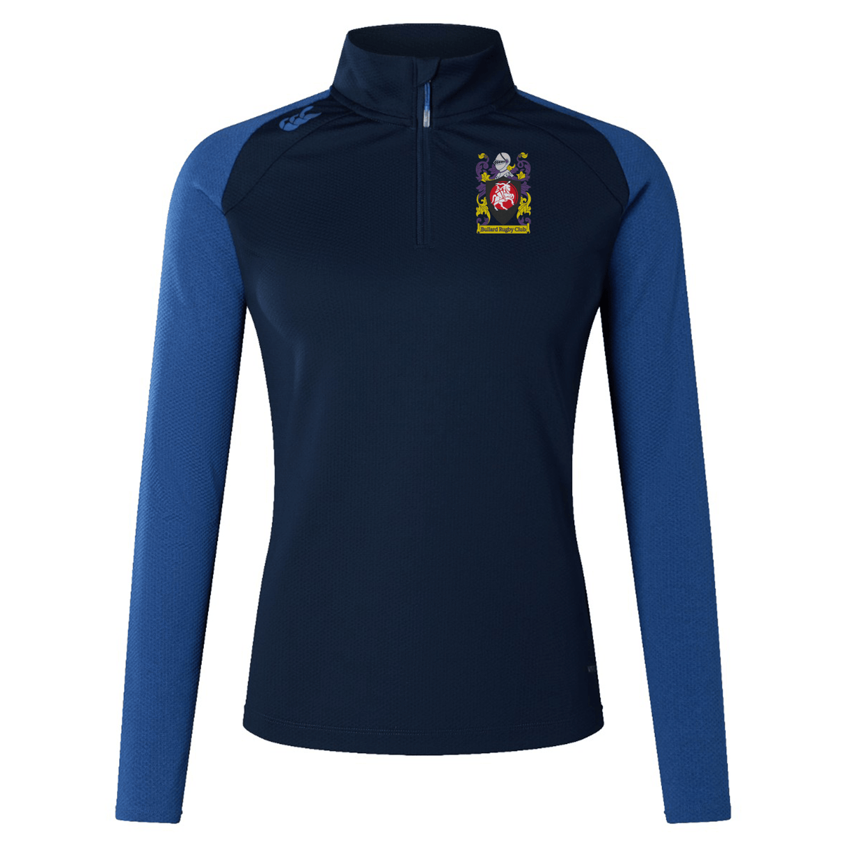 The CenCal Youth Bullard Women's Elite First Layer by EMB Canterbury is a navy and blue long-sleeved sports top featuring a quarter zip and crafted with VapoDri technology for optimal performance. It also includes a crest on the chest.