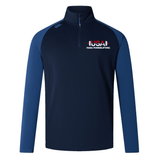 The EMB Canterbury USA Para Powerlifting Women's Elite First Layer is a navy blue long-sleeve athletic pullover featuring a left-chest "USA Para Powerlifting" logo, white right-shoulder emblem, and VapoDri moisture-wicking technology for comfort.