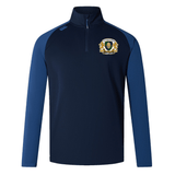 The Old Man Rivah Rugby Women's Elite First Layer by EMB Canterbury is a navy and blue quarter-zip long sleeve sports top with VapoDri technology, an embroidered Old Man Rivah logo on the left chest, and a brand logo on the right shoulder.