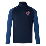 The SF CDME Rugby Women's Elite First Layer by EMB Canterbury is a navy and blue long-sleeve quarter-zip pullover featuring a red and white cross emblem and "CMRF RUGBY" text on the chest. Crafted with advanced VapoDri technology for superior moisture wicking, this top is perfect for the Canterbury Women’s Elite First Layer collection.