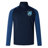 Rewrite: The EMB Canterbury Minneapolis Mayhem Rugby Women’s Elite First Layer by Canterbury is a navy and blue quarter-zip long sleeve athletic jacket, designed specifically for women, featuring advanced VapoDri technology for superior moisture wicking. It showcases a “Minneapolis Mayhem” crest on the left chest and a small Canterbury logo on the right shoulder.