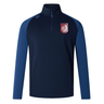 The Montgomery Bucks Griffins Women's Elite First Layer by EMB Canterbury is a navy and blue long-sleeve quarter-zip jacket with a stand collar, lion's head crest, and VapoDri tech for moisture wicking.