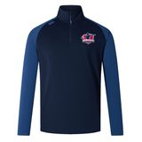 The Nebraska Rugby Referee Society Women's Elite First Layer by EMB Canterbury is a navy blue long-sleeve quarter-zip pullover with blue sleeves, a left chest rugby logo, and moisture-wicking VapoDri technology for comfort.