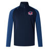 The Nebraska Rugby Referee Society Women's Elite First Layer by EMB Canterbury is a navy blue long-sleeve quarter-zip pullover with blue sleeves, a left chest rugby logo, and moisture-wicking VapoDri technology for comfort.