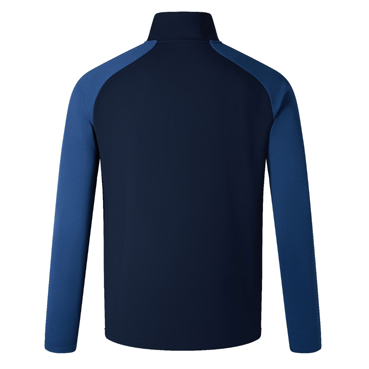 The back view of a Canterbury men's blue and navy jacket with VapoDri technology for quick drying.